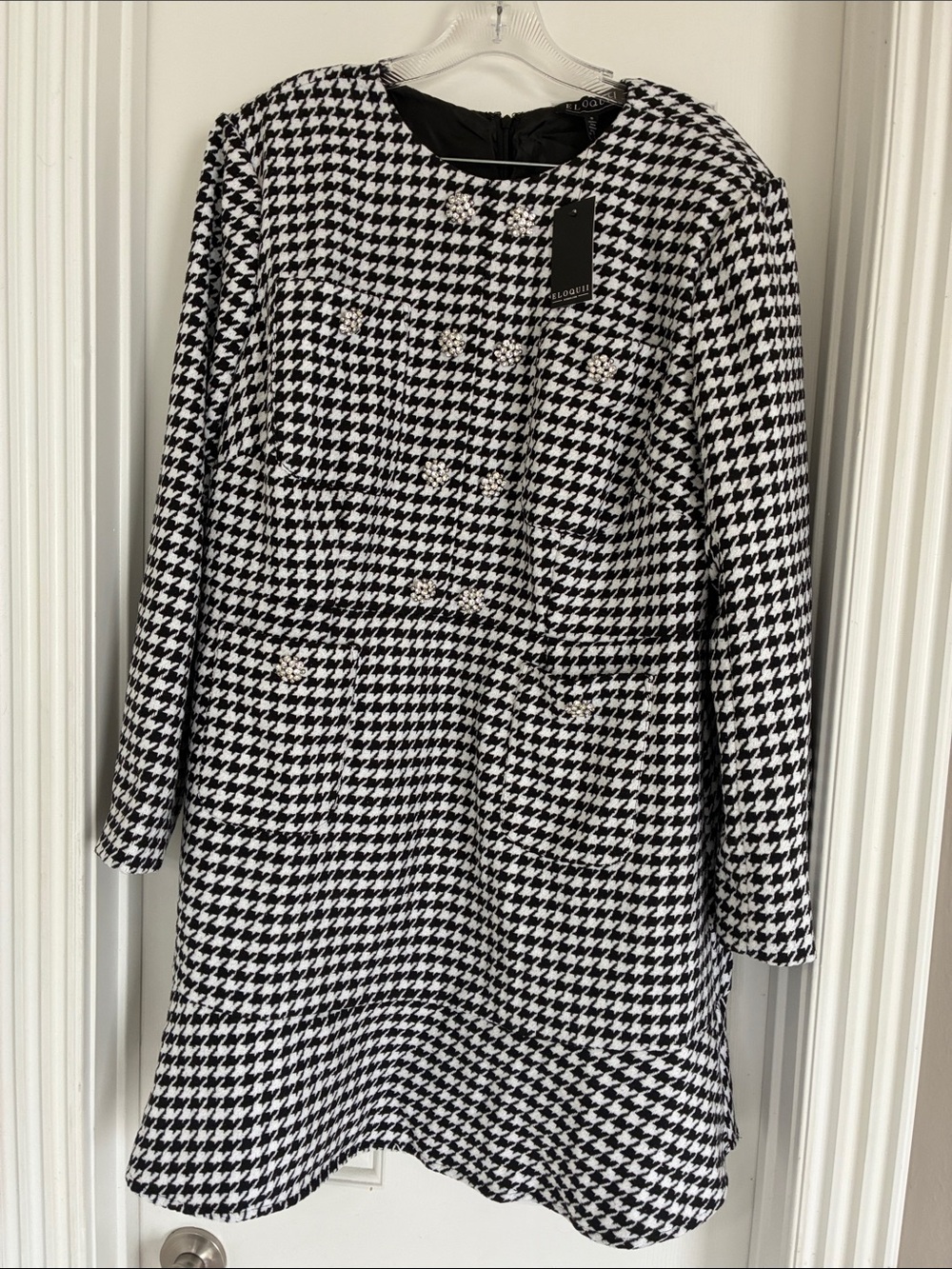 Eloquii Black & White Houndstooth Buttoned Dress